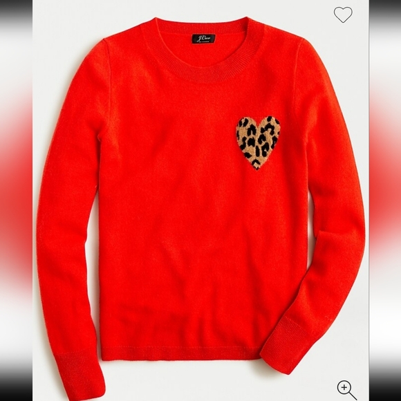 J. Crew Cashmere Orange Sweater with Leopard Heart - Picture 2 of 8